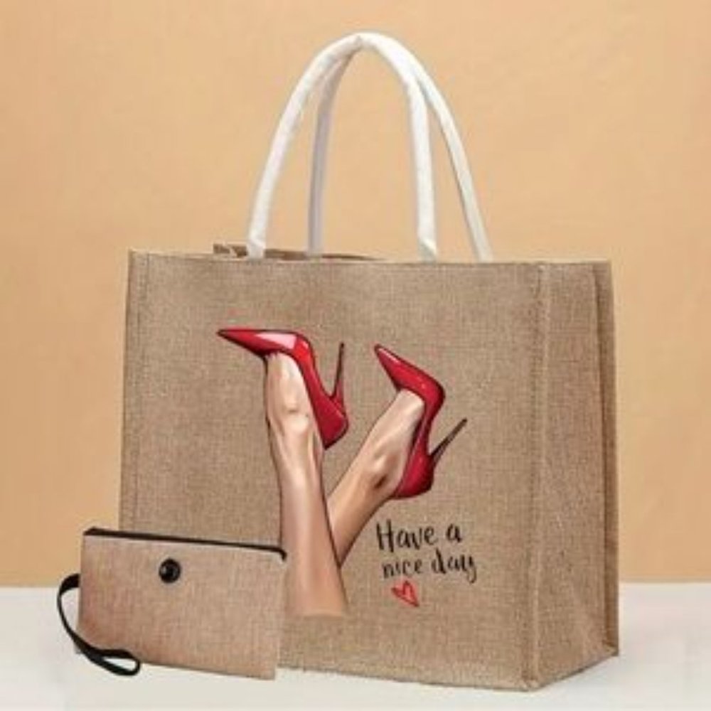2pcs Elegant Lady High Heels Burlap Shoulder Bag With Mini Coin Purse
